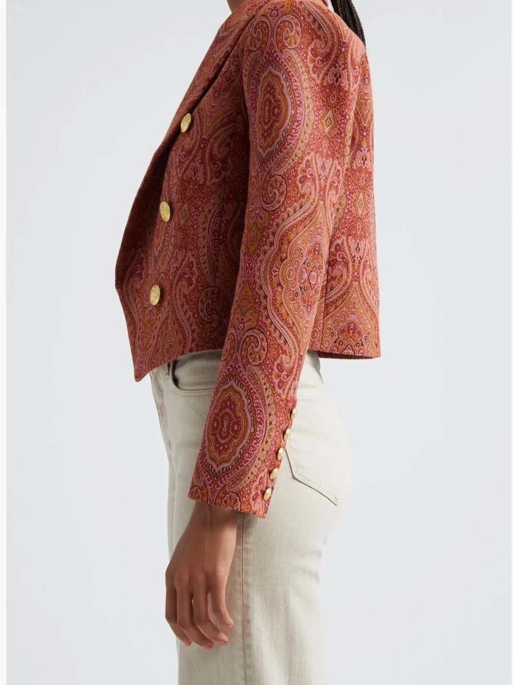 L'AGENCE Coral Paisley Double-Breasted Cropped Blazer